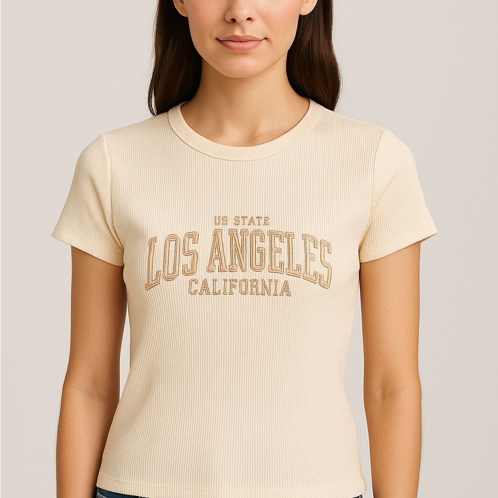 Faded Rose Ribbed Cream “Los Angeles California” Embroidered Tee – Size M